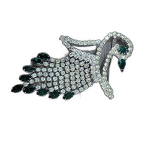Rhinestone & Crystal Peacock Brooch Pin Sparkling Silver-Tone With Green Accent
